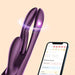 The Terri App-Controlled G-Spot Tapping Rabbit Vibrator in purple features dual tips and emits a glowing light, shown beside a smartphone with a menstrual tracking app on a beige background with subtle circular patterns.