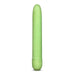 The Gaia Biodegradable, Recyclable Eco Vibrator - Green by Blush is a long, cylindrical object with a smooth surface and a glossy light green hue. Crafted from Biofeel bioplastic, the item stands vertically against a plain white background, featuring a rounded tip at the top and a slightly wider base.