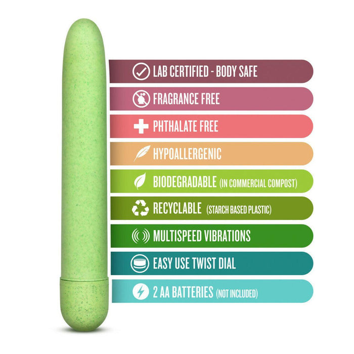 A cylindrical green Gaia Biodegradable, Recyclable Eco Vibrator from Blush is shown on the left. Next to it are a series of colorful labels indicating features such as "Lab Certified - Body Safe," "Fragrance Free," "Phthalate Free," "Hypoallergenic," "Biodegradable," "Recyclable," "Multispeed Vibrations," and an easy-to-use twist dial.