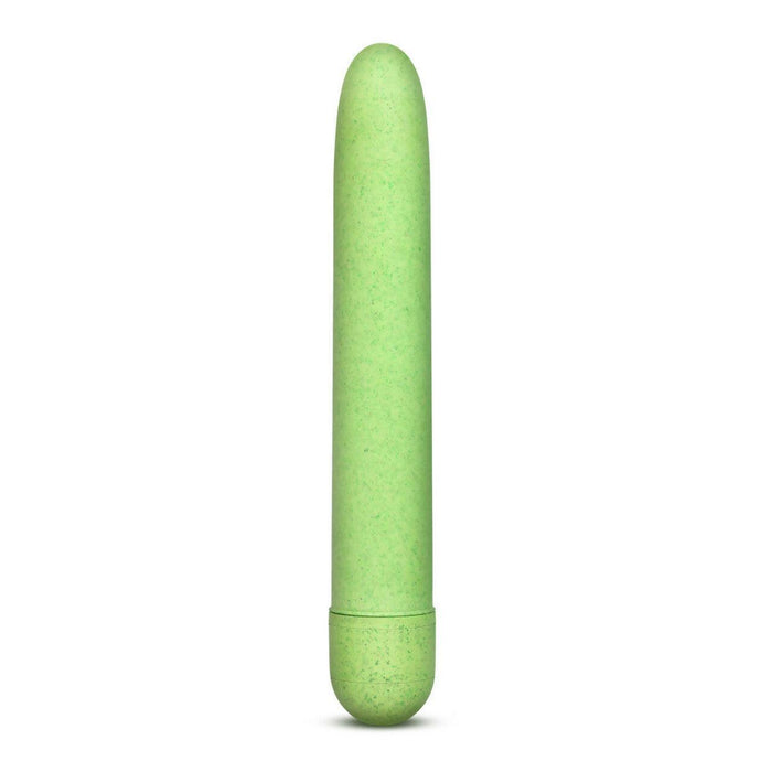 The Blush Gaia Biodegradable, Recyclable Eco Vibrator - Green is a green cylindrical vibrator featuring a smooth surface and rounded tip with a detachable base. Made from Biofeel bioplastic, its light speckled green hue complements its minimalistic and sleek design. This eco-friendly, biodegradable vibrator stands upright against a plain white background.