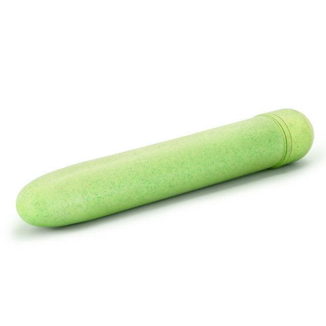A Gaia Biodegradable, Recyclable Eco Vibrator - Green from Blush, featuring a smooth surface and light green cylindrical design, rounded on one end with a slightly recessed circular pattern on the other end, laying horizontally on a white background.