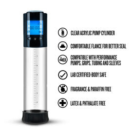 The Performance VX10 Automatic Penis Pump with Smart Pressure Control features a clear acrylic cylinder, black top, blue display, and offers stronger erections, improved seal, lab-tested safety; plus it’s fragrance-, paraffin-, latex-, and phthalate-free.