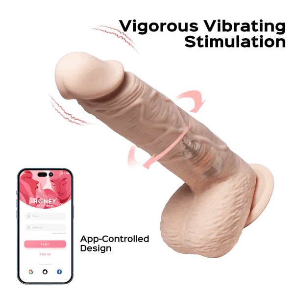 Image showing a Paxton Powerful Vibrating Rotating 8.5" Realistic App Controlled Dildo next to a smartphone displaying an app interface, with text highlighting it as "vigorous vibrating stimulation" and "app-controlled design".