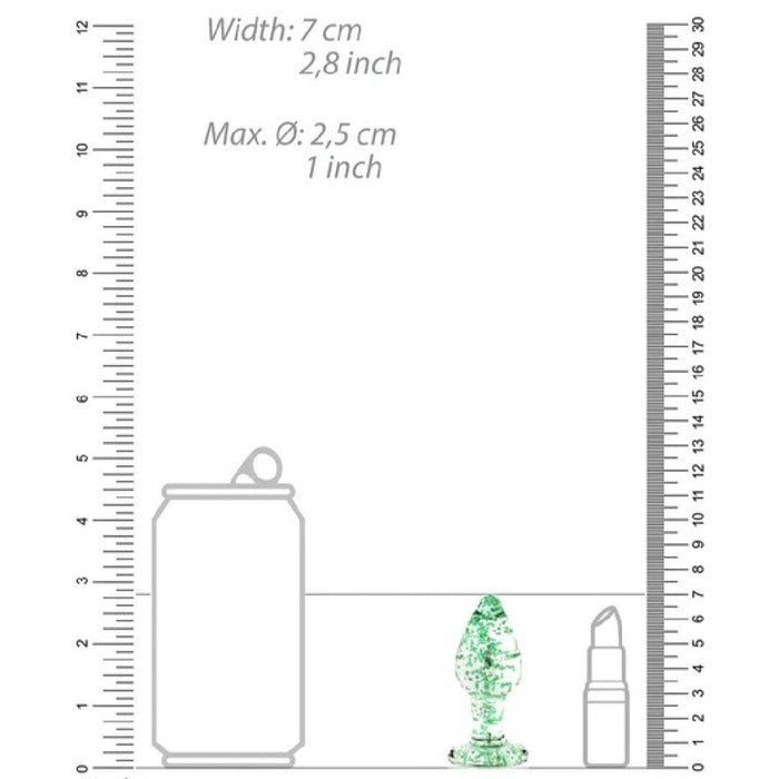 Technical drawing of three objects, a can, a pine cone, and a Shots Glow in the Dark Glass Anal Plug - Small, with dimensions indicated in centimeters and inches using rulers on top and right side.