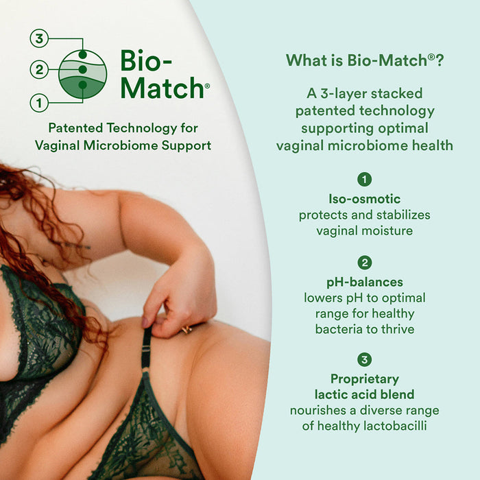 A woman in green lingerie sits with her hand on her waist beside info about Good Clean Love Balance Personal Moisturizing & Cleansing Wipes 30 ct, featuring Bio-Match 3-layer tech for vaginal pH balance and iso-osmotic support.