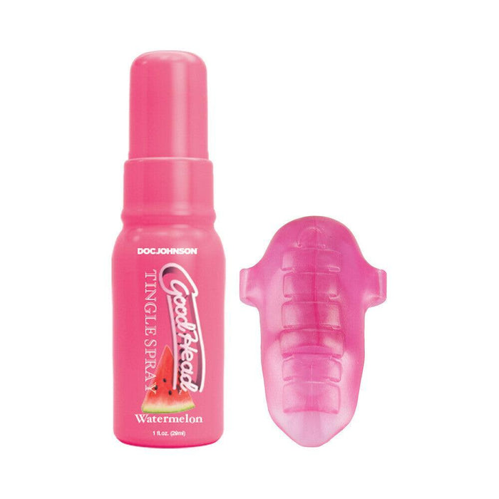 A pink bottle from the GoodHead Pussy Pleasure Party Kit by Doc Johnson, featuring the Watermelon Tingle Spray, stands next to a silicone tongue-shaped accessory. This 1 fluid ounce spray is ideal for enhancing oral sex sensations and pairs perfectly with your favorite vibrating tongue ring.