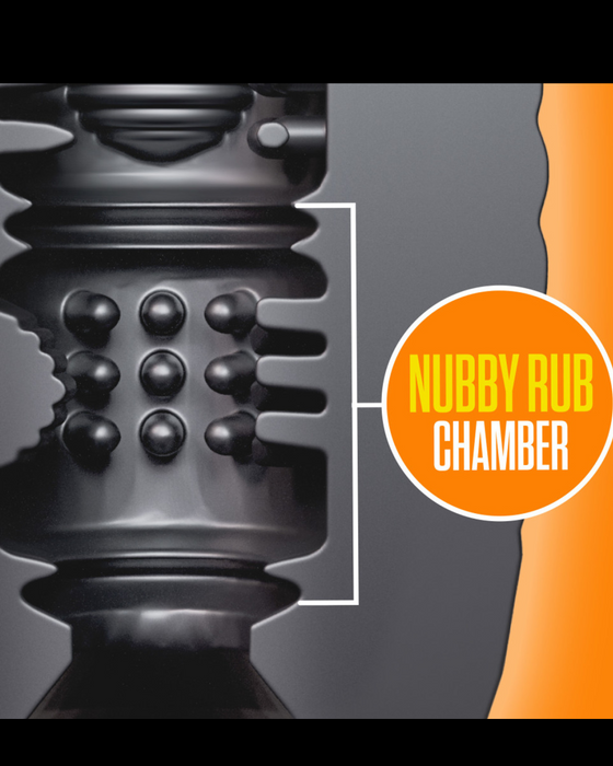 Close-up of a textured surface labeled "nubby rub chamber" with a partial view of an orange circle on a gray background, crafted from Thermoplastic Elastomers (TPE), Blush's Rize Grasp Self Lubricating Extra Soft Stroker - Black.