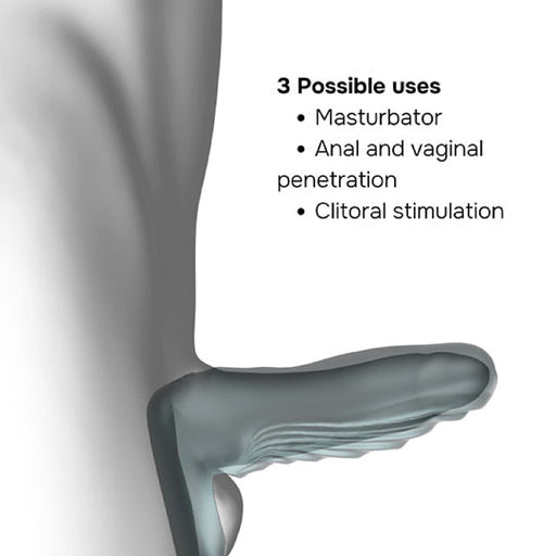 Diagram of a wall-mounted Ryzer 2 in 1 Penis Extender and Masturbation Sleeve in textured green silicone with a wavy design, suitable for versatile use: masturbator, anal and vaginal penetration, and clitoral stimulation.
