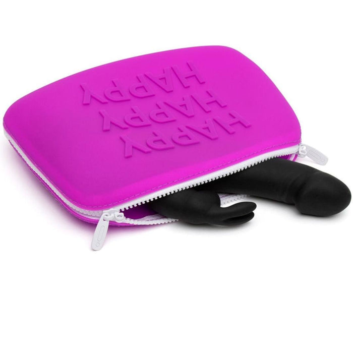 Happy Rabbit HAPPY Large Silicone Zipper Storage Case showing the zipper open and a rabbit vibrator inside