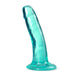 The teal, translucent Hard n' Happy 5 inch Mini Dildo, featuring a curved silicone design with a suction cup base for g-spot exploration, is shown against a plain white background.
