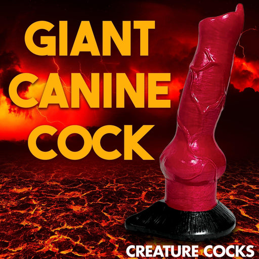 A red, textured, and twisted sculpted object resembling a Hell Hound Canine penis stands on a black suction-cup base against a fiery, lava-filled background. Large bold text reads "GIANT CANINE COCK" at the top. The phrase "CREATURE COCKS by XR Brands" is at the bottom right. The product featured is the "Hell Hound Canine Penis 7.5 Inch Silicone Fantasy Dildo.
