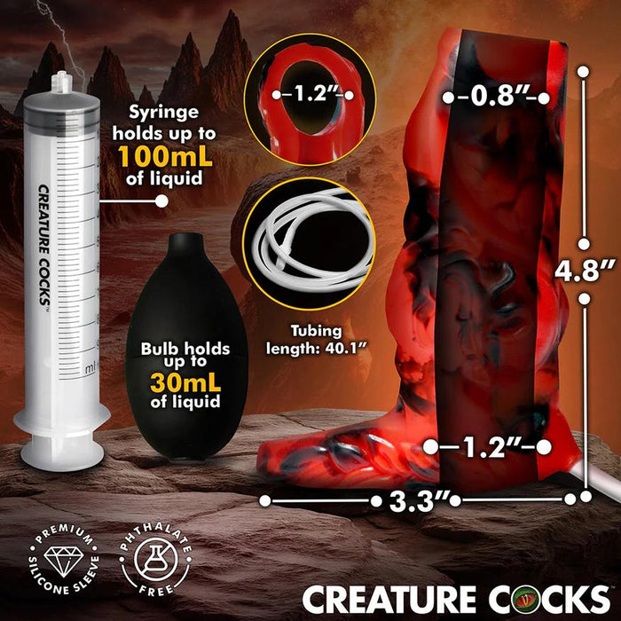 The Hell Hound Canine Squirting Penis Enhancer in red and black is shown with a large syringe, bulb, and measured tubing. Text details toy dimensions, liquid capacities, tubing length; it's made of premium silicone and phthalate-free.
