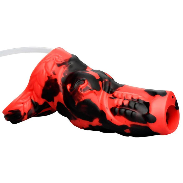 The Hell Hound Canine Squirting Penis Enhancer is a red and black marbled silicone sleeve styled like a muscular animal paw with claws, featuring a hollow tip and attached flexible tube for squirting—perfect for monster fantasy play.