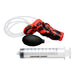 The Hell Hound Canine Squirting Penis Enhancer is a red and black marbled silicone fantasy toy featuring an attached clear tube, black squeeze bulb, and large clear syringe labeled "CREATURE COCKS®.