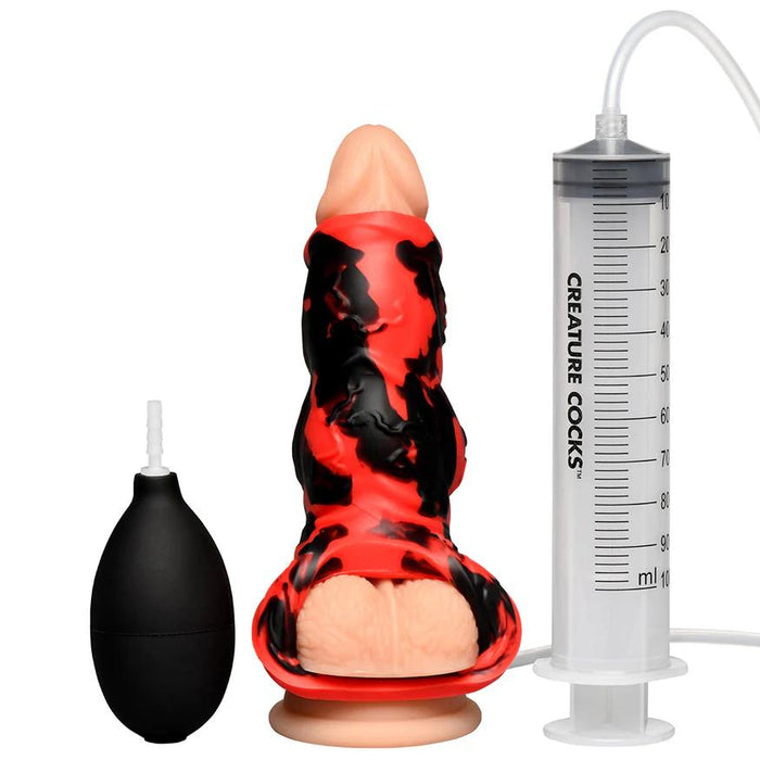 The Hell Hound Canine Squirting Penis Enhancer features a red and black marbled silicone design, includes a black bulb pump and clear syringe, ideal for fans seeking unique penis enhancers and fantasy pleasure experiences.