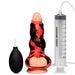 The Hell Hound Canine Squirting Penis Enhancer features a red and black marbled silicone design, includes a black bulb pump and clear syringe, ideal for fans seeking unique penis enhancers and fantasy pleasure experiences.