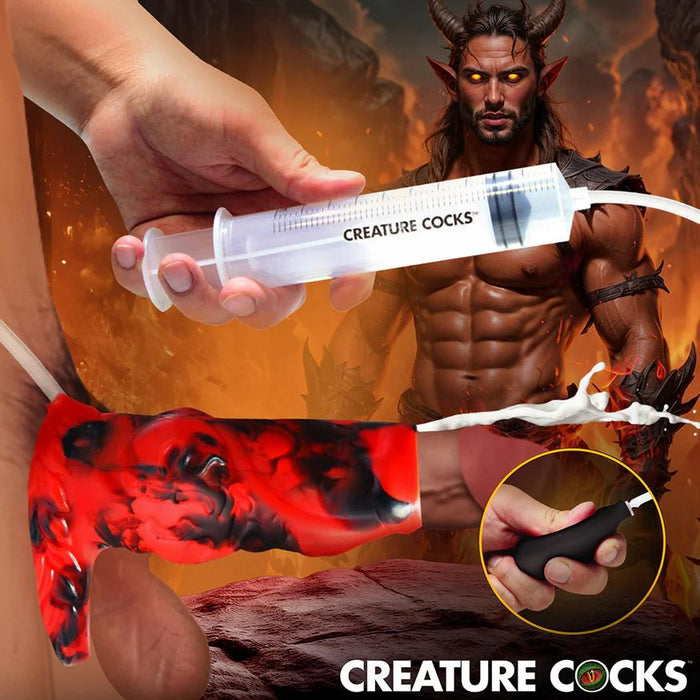 A fantasy ad shows a hand injecting fluid with a syringe into the red and black Hell Hound Canine Squirting Penis Enhancer as a muscular demon stands in a fiery, hellish background.