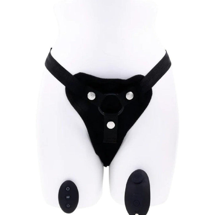 Adjustable black Sportsheets Hidden Pocket Strap On with remote control vibrator and detachable o-ring displayed on a white mannequin torso, isolated on a white background.