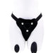 Adjustable black Sportsheets Hidden Pocket Strap On with remote control vibrator and detachable o-ring displayed on a white mannequin torso, isolated on a white background.