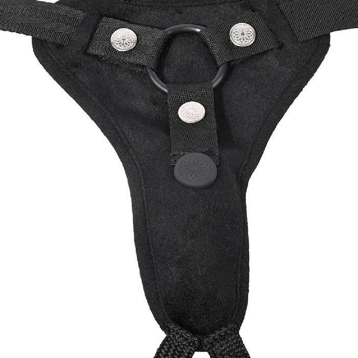 Close-up of a Sportsheets black adjustable harness showing the waist belt, leg loops, and belay loop with brand logos on the fastenings.