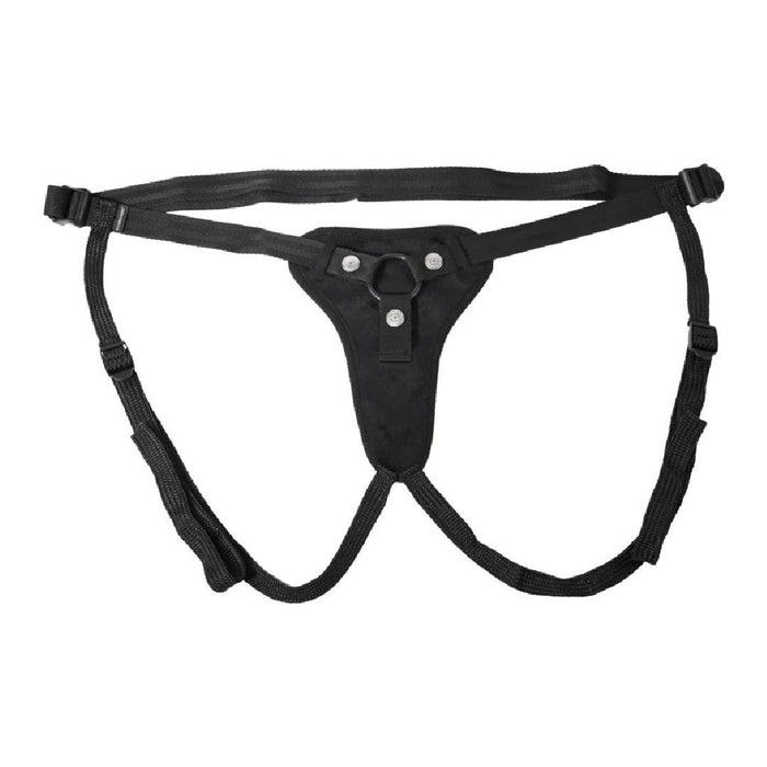 Adjustable Sportsheets black harness with a central attachment point, isolated on a white background.