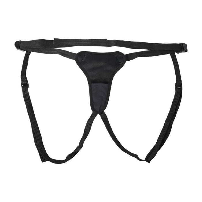 A black Hidden Pocket Strap On With Remote Control Vibrator isolated on a white background by Sportsheets.