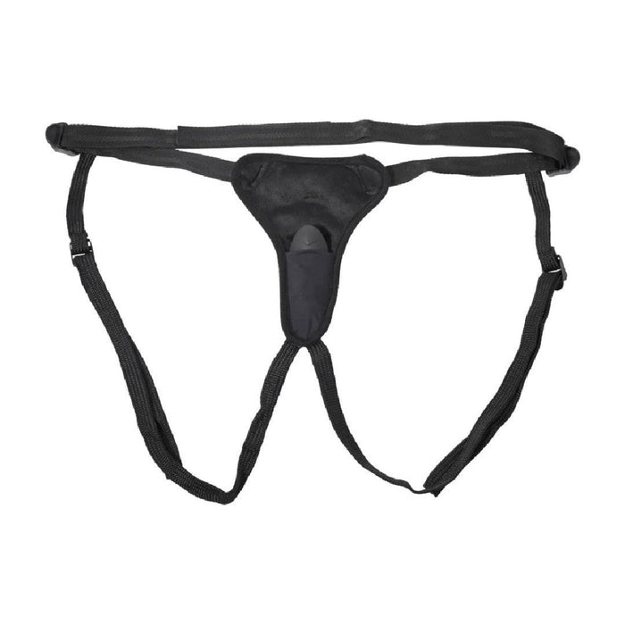 Sportsheets Hidden Pocket Strap On With Remote Control Vibrator jockstrap with an adjustable harness on a white background.