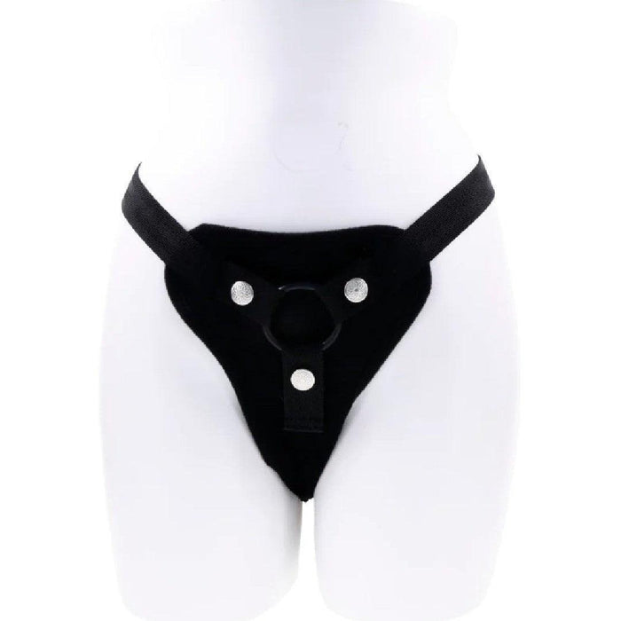 Black Sportsheets Hidden Pocket Strap On With Remote Control Vibrator with an adjustable harness on a white mannequin torso.