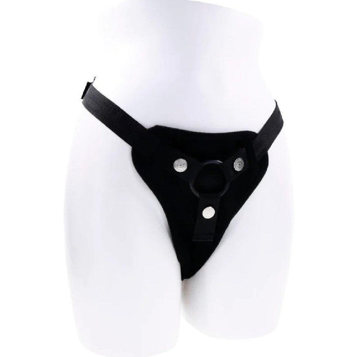 Black adjustable Sportsheets harness on a white mannequin torso.