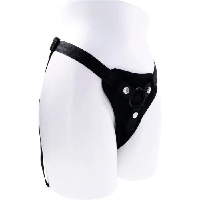 A black Sportsheets adjustable harness worn on a white mannequin torso with a Hidden Pocket Strap On With Remote Control Vibrator attached.