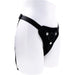 A black Sportsheets adjustable harness worn on a white mannequin torso with a Hidden Pocket Strap On With Remote Control Vibrator attached.