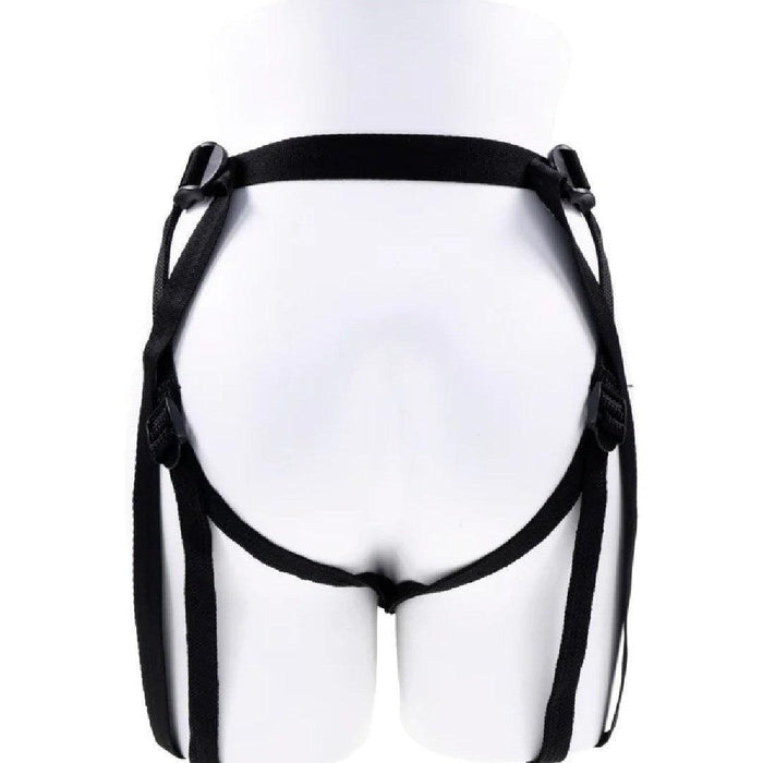 A mannequin wearing a black Sportsheets Hidden Pocket Strap On With Remote Control Vibrator viewed from the back on a white background.
