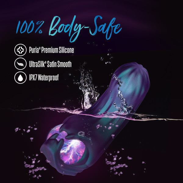 The Viper Double Ended Dual Motor Plasma Globe Vibrator, in purple Puria premium silicone, features a dual-ended design with UltraSilk satin smooth texture, 100% body-safe materials, and IPX7 waterproof – shown partially in water with dynamic light effects.