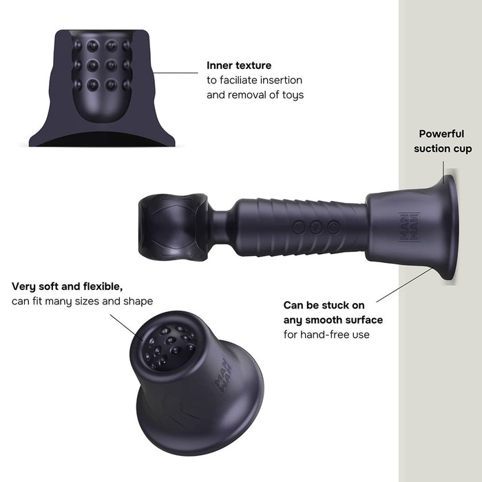 The Holden Universal Wand Holder with Suction Cup is a black silicone sleeve featuring a textured inner surface and powerful suction cup. Soft and flexible, it's perfect for smooth surfaces, making toy insertion and removal easy as a versatile vibrator accessory.