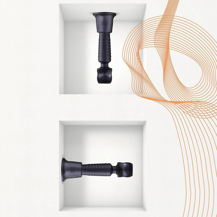 Displayed on separate square shelves against a light gray background are two black massage devices and the Holden Universal Wand Holder with Suction Cup. An artistic curved orange line adorns the right side.