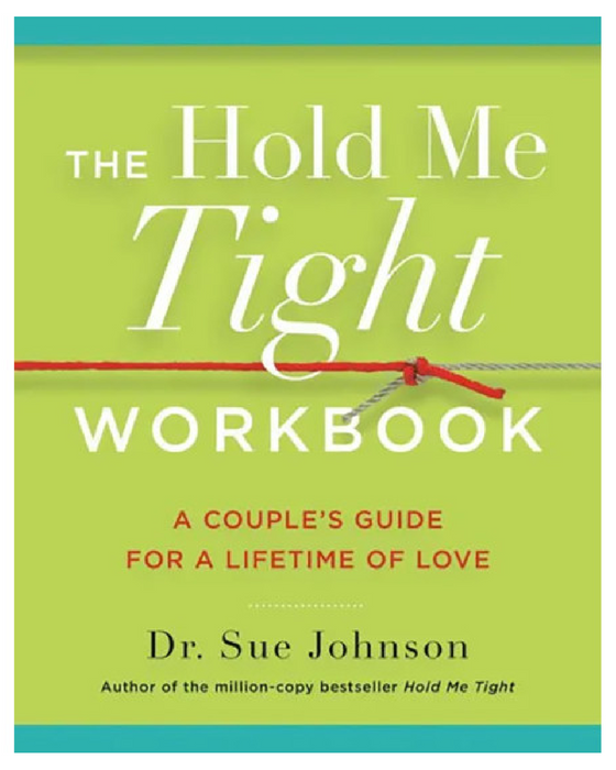 A cover of the Hold Me Tight Workbook: Seven Conversations for a Lifetime of Love by Hachette Book Group, featuring a minimalist design with a red string tied.