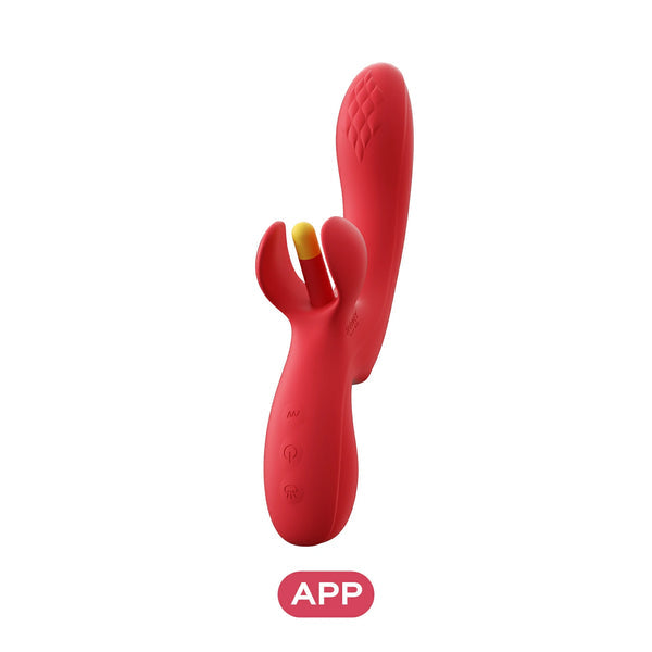 The Fortexa Kinky Finger Rabbit Vibrator features dual silicone tips, a textured red surface, app control, and intuitive buttons for intense G-spot and clitoral stimulation. Look for the "APP" icon for mobile compatibility.