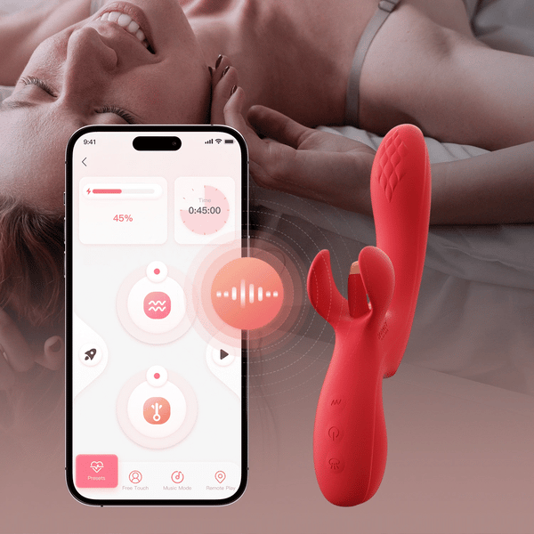 A woman smiles on a bed in the background as a smartphone displays the Fortexa Kinky Finger Rabbit Vibrator with App Control—shown upright beside the phone, designed for powerful clitoral stimulation and G-spot pleasure.