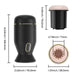 The Priti Automatic Rotating Penis Masturbator features a black and gold cylindrical design with control buttons and a removable tan and black inner sleeve. Dimensions are labeled, and the textured opening is ideal for stamina training.