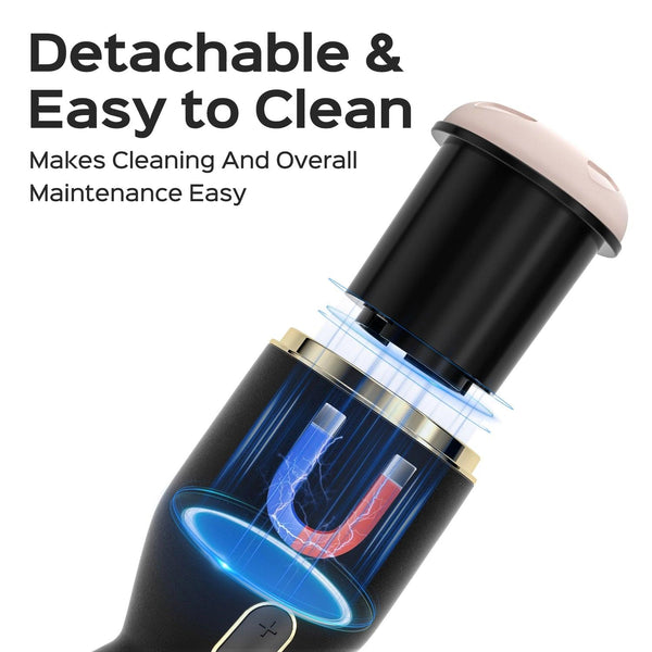 A close-up shows the Priti Automatic Rotating Penis Masturbator with labeled internal parts, highlighting its detachable and easy-to-clean design. Text: "Detachable & Easy to Clean—Effortless Cleaning and Maintenance.