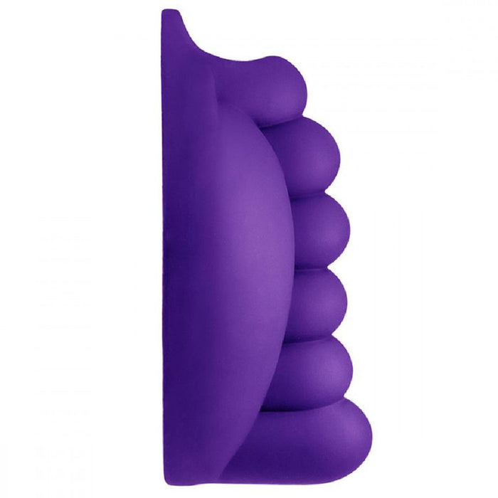 Honeybunch Textured Dildo Base with Vibrator Pocket for Harness Play - Purple side view