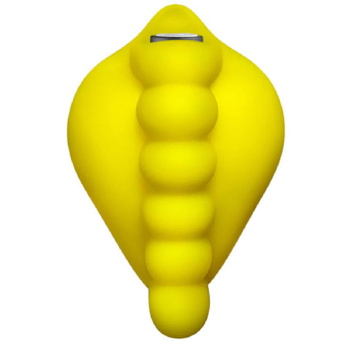 Yellow Honeybunch Textured Dildo Base with Vibrator Pocket for Harness Play by Bananapants, with a distinctive bulbous shape and grooves, viewed from the front, featuring a strap-on harness.