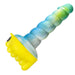A colorful, spiral-shaped dog chew toy with a textured surface designed for grind stimulation, isolated on a white background. 
Product: Bananapants Honeybunch Textured Dildo Base with Vibrator Pocket for Harness Play - Yellow