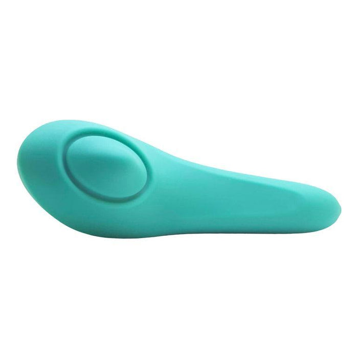 The Hot Octopuss Pulse Queen Oscillating Waterproof Vibrator is a teal, smooth, oval-shaped personal massager with a curved design made from premium silicone. It includes a circular indentation on the top surface, likely indicating a control button. The streamlined and ergonomic PULSE QUEEN utilizes PulsePlate Technology for comfortable use.