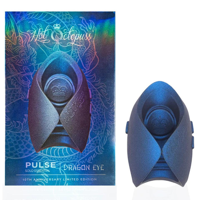 A metallic blue Hot Octopuss Pulse Solo Dragon Eye Oscillating Penis Masturbator stands by its holographic box, featuring a dragon illustration. Enjoy powerful Pulse Plate Technology every time you use it.