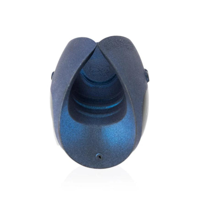 The Hot Octopuss Pulse Solo Dragon Eye is a navy blue, textured silicone oscillating penis masturbator with an open, oval design, ridged interior, and Pulse Plate Technology, shown against a white background.