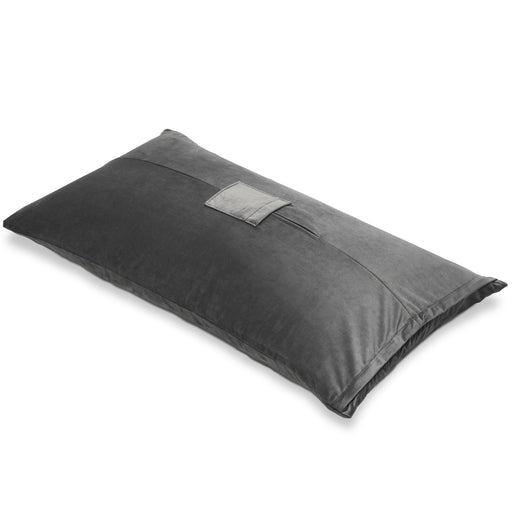 The Liberator Humphrey Pillow-Style Sex Toy Mount is a rectangular, dark gray ergonomic pillow with a velvety texture and a small fabric pocket sewn at the front center.
