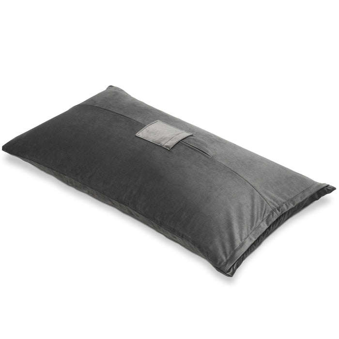 The Liberator Humphrey Pillow-Style Sex Toy Mount is a rectangular, dark gray ergonomic pillow with a velvety texture and a small fabric pocket sewn at the front center.