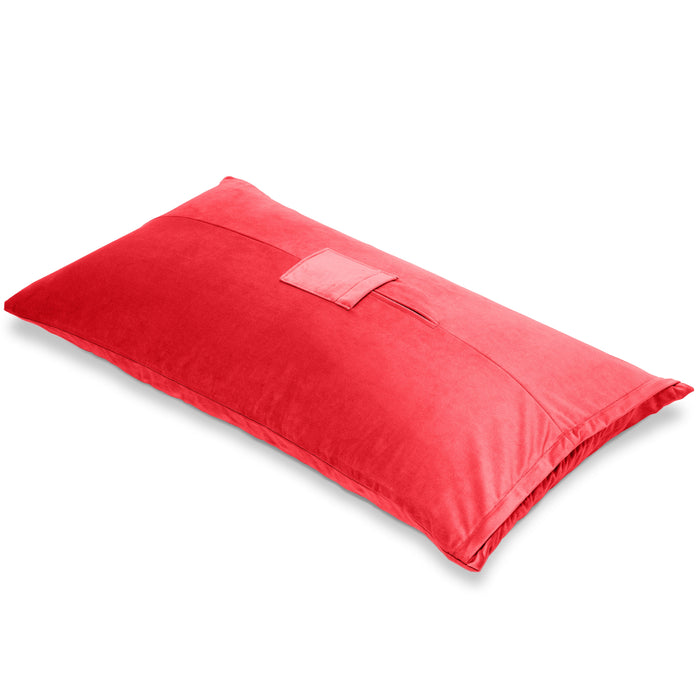 The Liberator Humphrey Pillow-Style Sex Toy Mount is a rectangular red pillow with a soft, velvety texture and a small central flap, designed to provide ergonomic comfort and support. Shown on a white background.