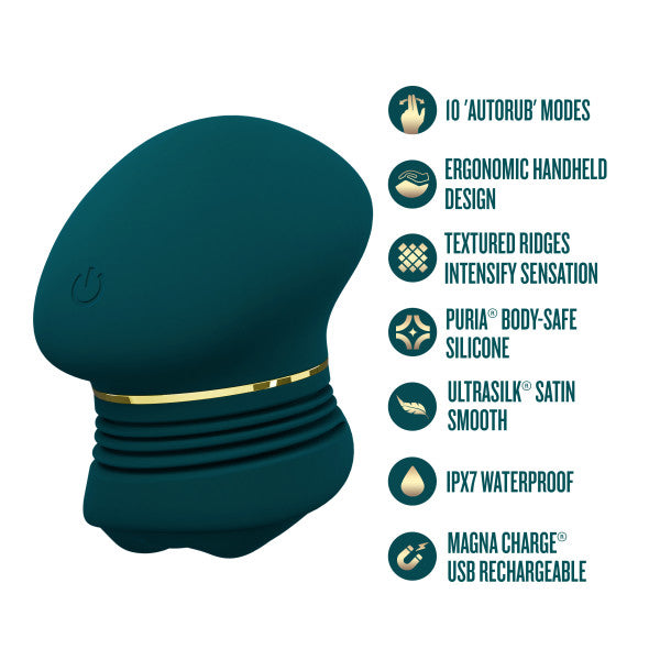 The Riana Circular Clitoral Rubbing Vibrator, shown in dark green with a gold accent and ridged texture, features 10 vibration modes, an ergonomic design, body-safe silicone, smooth finish, waterproofing, and USB rechargeability.